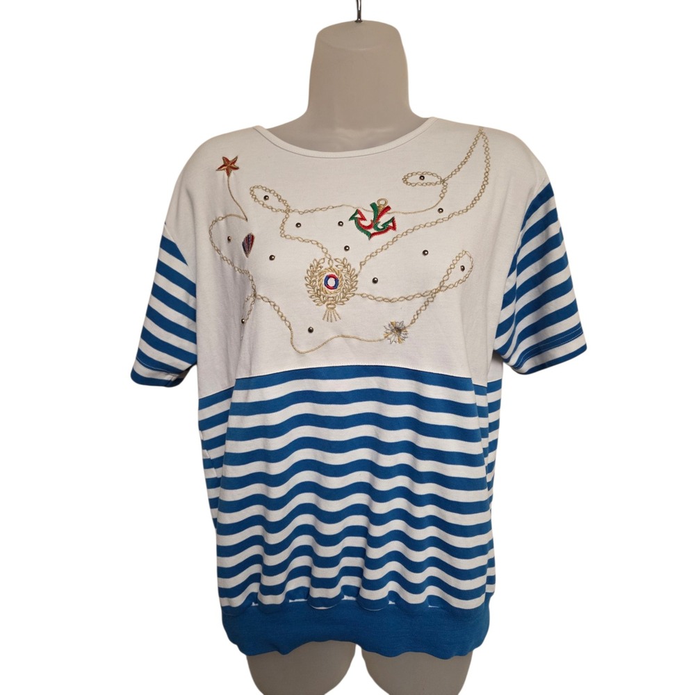 Vintage Nautical T-Shirt Embroidered‎ Anchor Striped Top Short Sleeve Size L